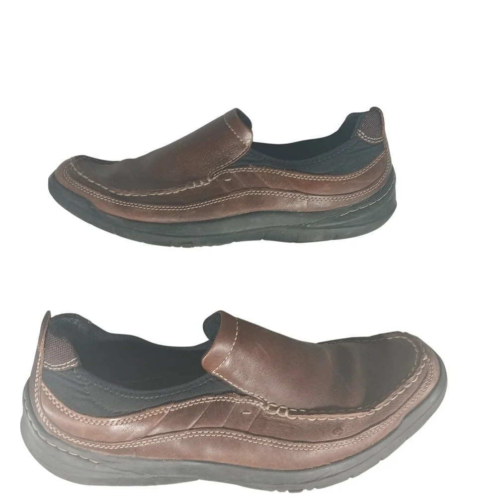 Clarks Mens Brown Leather Slip On Loafers‎ 82214 Moc Toe Comfort Shoes Size 11M